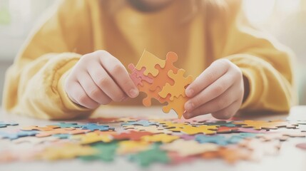 Fototapeta premium Child Engaging in Colorful Puzzle Play with Vibrant Pieces on a Bright Table in Cozy Indoor Environment
