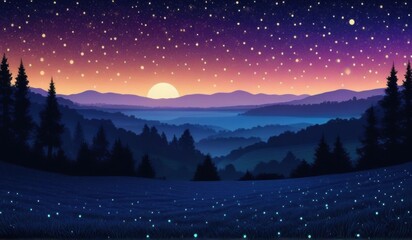 Fototapeta premium A surreal landscape with a field of glowing a crescent moon, and a starry sky