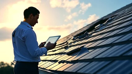 A cracked roof and shattered windows serve as the backdrop as an insurance agent presents a recovery plan on a tablet to a homeowner under the glare of a clear, sunny sky.