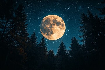 Naklejka premium Full Moon Over Silhouetted Pine Trees At Night