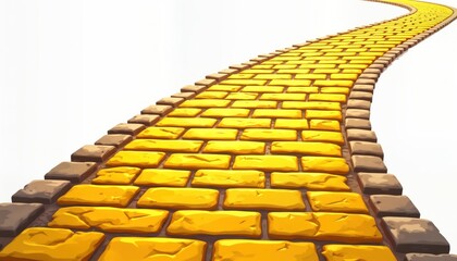 Obraz premium Isolated yellow brick road curves on white background. Pathway stretches, meanders smoothly. Vivid yellow paving stones with brown borders. Clean, vibrant design. Ideal for kids book cover, game