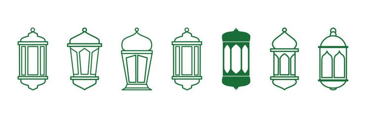 Set of Islamic lantern icons. Vector silhouettes in green and white. Perfect for Ramadan and Eid designs