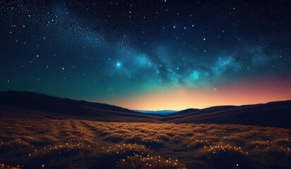 Fototapeta premium A surreal landscape with a field of glowing a crescent moon, and a starry sky