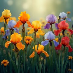 The image shows a field of vibrant, colorful irises in various shades of orange, purple, and red against a blurred green background.
