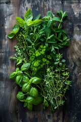 Aromatic Display: A Rustic Collection of Fresh Culinary and Medicinal Herbs on Wooden Background