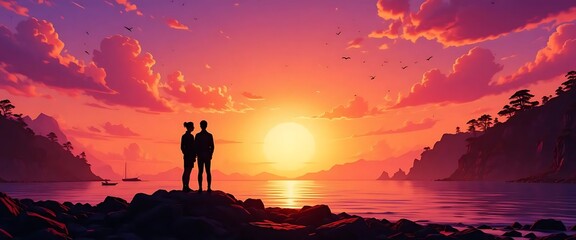 Couple Standing on Rocky Shore During Sunset with Boats and Mountains