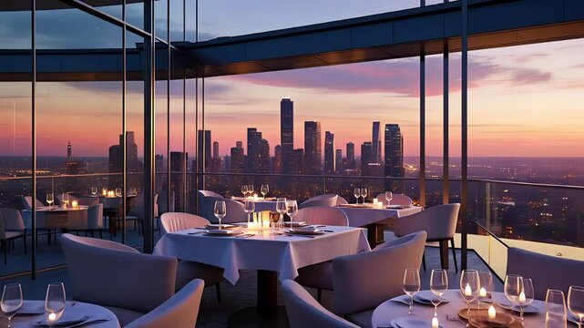 Elegant Rooftop Restaurant with Candlelit Tables Overlooking a City Skyline at Sunset in a Luxurious Setting

