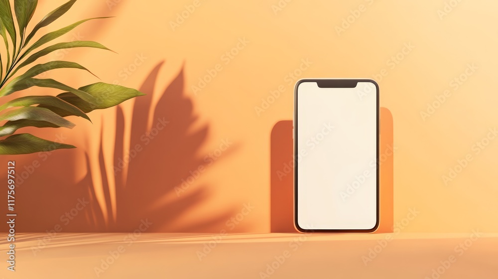 Aufkleber modern mobile phone with empty white screen standing on table near tropical plant casting shadow on 