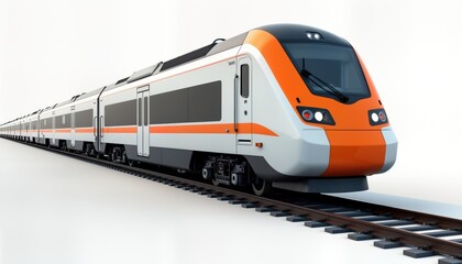 Naklejka premium Modern train moves fast on tracks. High-speed train on white background. Transportation vehicle for urban commute. Sleek design. Efficient transit system. Rapid rail travel. Futuristic technology.
