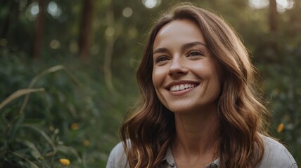 Obraz premium Happy, woman and face in nature for thinking, positive mindset and carefree with mockup space. Female person, smile and inspiration in natural environment for wellness, peace and relaxing