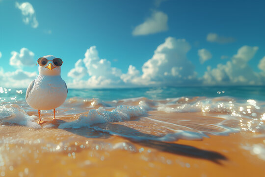 A seagull at the beach wearing sunglasses in the summer, golden sand, blue sea, summer holiday