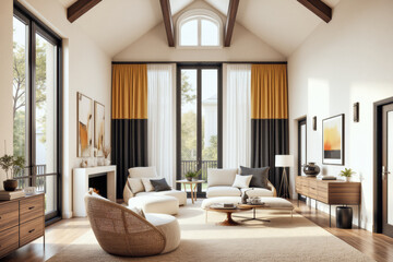 Fototapeta premium A photo of modern livingroom interior design: A living room filled with furniture and large windows.