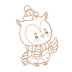 Outline cute owl in winter knitted clothes hat and scarf. Funny cartoon kawaii bird. Line drawing, coloring book. Vector illustration. Kids collection