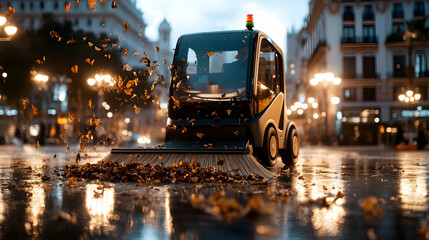 Autonomous street sweeper cleaning autumn leaves at night.