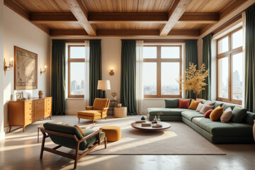 A photo of modern livingroom interior design: A living room filled with furniture and a large window.