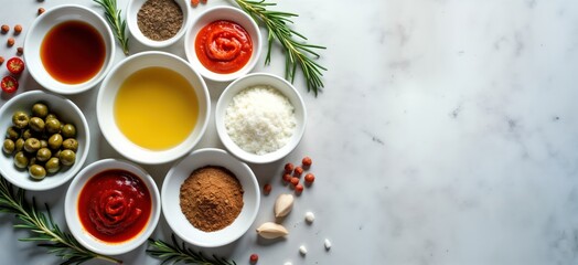 Variety of cooking ingredients arranged on marble surface. Small white bowls hold olive oil, soy sauce, harissa, capers, ketchup, coarse salt, spices. Fresh rosemary, sage sprigs scattered amongst