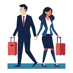 Business Travel Concept – Professional Man and Woman with Luggage Flat Vector Illustration