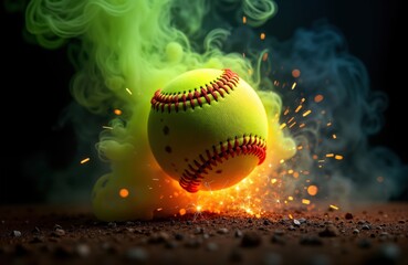 Fiery softball ball explodes in mid-air with sparks, smoke on dark background. Dramatic dynamic action photo. High energy sport play image. Intense moment of competition. Fastball motion. Burning