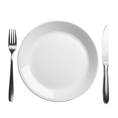 a white plate with a knife, fork and spoon on it PNG image, PNG file, Generative art.