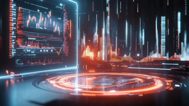 Futuristic digital interface with glowing graphs and data streams on a dark background.