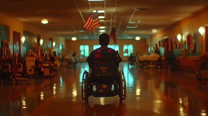 Naklejka premium Boy in wheelchair in long hospital corridor.