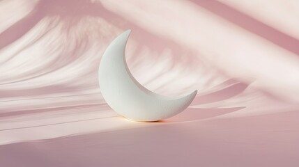 crescent moon lamp casting soft shadows on pastel pink surface surrounded by faint golden reflections