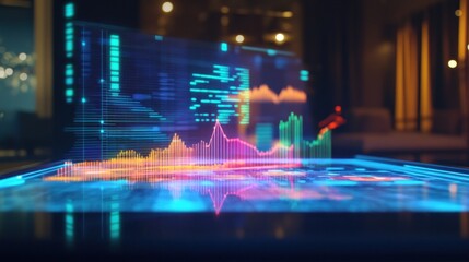 Futuristic holographic display showing financial data graphs and code.