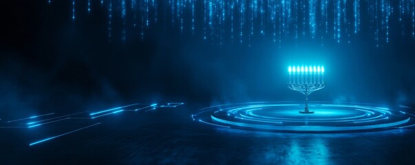 A glowing menorah surrounded by blue lights in futuristic setting evokes sense of celebration and tranquility