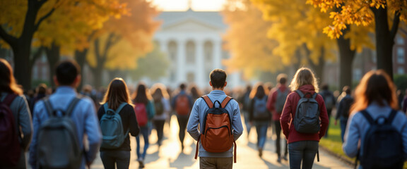 Students walk on campus pathway. Morning light shines on campus walkway. Crowded scene shows student life. Many students carry backpacks. Looks like university campus. Sunny day on college grounds.