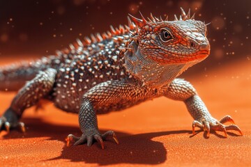 detailed close-up of thorny devil lizard walking across red sand with its intricate scales catching light