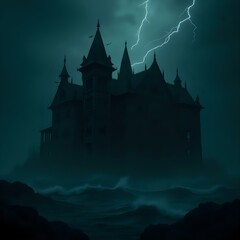 The image depicts a dark, ominous castle silhouetted against a stormy sky, with a bolt of lightning streaking across it.