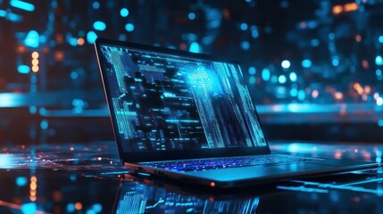 Futuristic laptop displaying glowing code on a dark reflective surface.