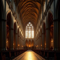 The image shows the interior of a grand cathedral with a vaulted ceiling, stained glass windows, and rows of pews leading towards the altar, bathed in warm light.