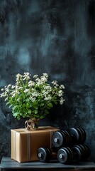Fitness gift flowers and dumbbells on dark background