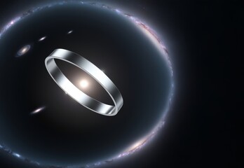 Illustration of silver ring flying in the middle of infinite space. Marriage, love and valentine's day concept.