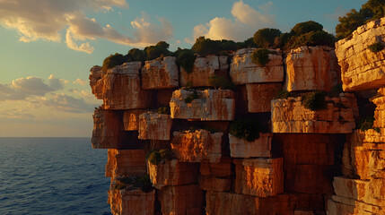 Sunset over a dramatic cliff face with unique rock formations.
