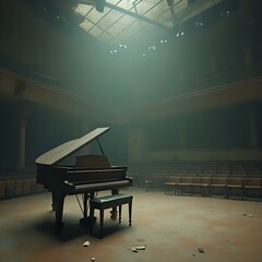 The image captures a grand piano with an open lid, positioned in a dimly lit auditorium with rows of empty chairs, casting long shadows and highlighting the piano's dark finish.