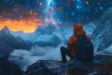 Fototapeta premium Person contemplates majestic snowy mountains under a starlit sky