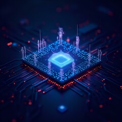 The image is a digital rendering of a chip with intricate electronic patterns and glowing blue elements, set against a dark background with red and blue lights.