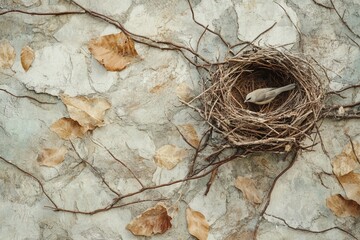 A small bird rests in a detailed nest surrounded by dried leaves and branches against a textured wall, evoking a natural and rustic ambiance