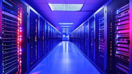 Fototapeta premium high-tech data center corridor with rows of glowing server racks emphasizing precision and innovation