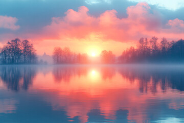 Fototapeta premium Serene Sunrise Over Misty Lake And Trees