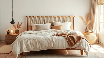 Fototapeta premium A bedroom with a beige duvet and pillows on a bed with a light wood and rope headboard. Beige side tables flank the bed; one holds dried flowers. Sunlight streams in from a window.