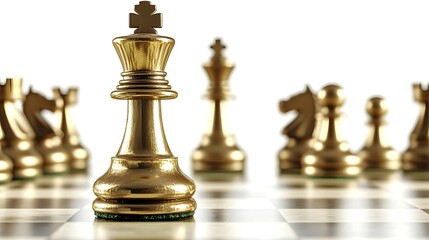 Low angle perspective of a golden chess piece likely the king firmly gripped and ready to seal the game with a decisive move  The image symbolizes the strategy intelligence