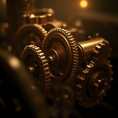 The image is a close-up view of a complex arrangement of golden gears and cogs, set against a dark background with a subtle glow from the top right corner.