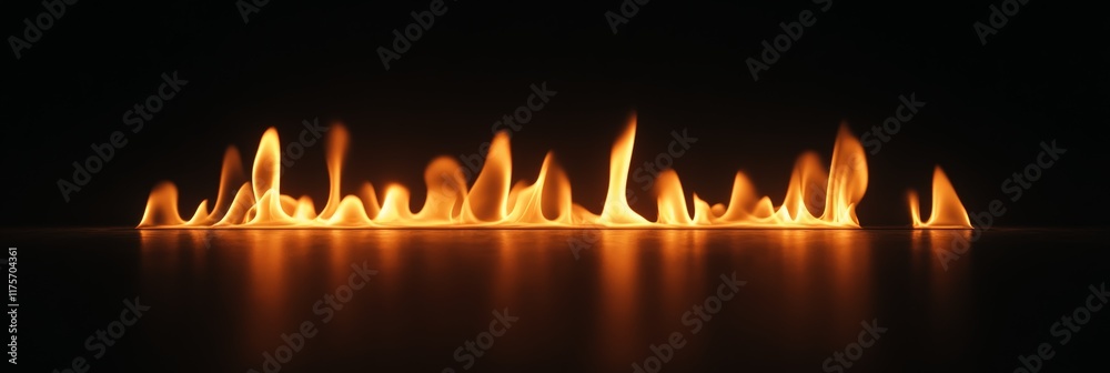 Poster Intense flames dancing and swirling create a mesmerizing line of fire on a reflective surface, set against a stark black backdrop, radiating warmth and vibrant energy