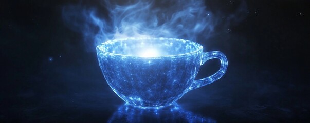 A glowing holographic coffee cup emits vibrant steam and light