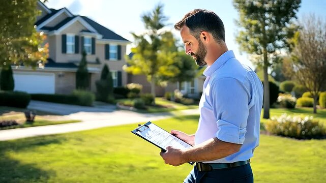 The agent observes roof tiles scattered in a nearby yard, cross-referencing their inspection notes with a checklist on a sunny day.