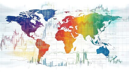 Global economy, world map with colorful stock market chart overlay.