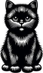 Cute Sitting Cat Vector Silhouette Black with Detailed White Fur Design